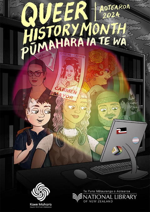  Queer History Month Aotearoa — Pūmahara Ia Te Wā 2024 hui taumata poster designed by Sara Moana.